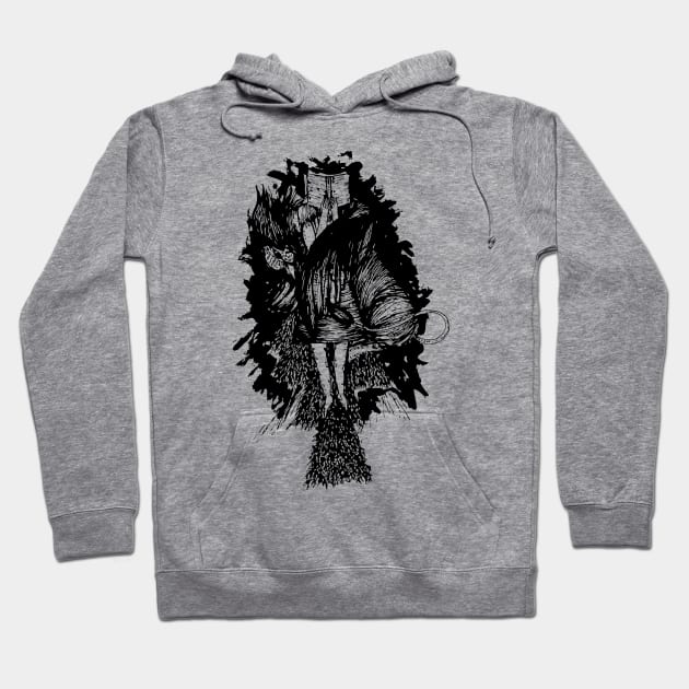 Illustration of a Woman Reading a Book Atop a Cedar Tree, Enveloped by a Griffin: A Mythical Blend of Wisdom and Nature Hoodie by sheetpoint